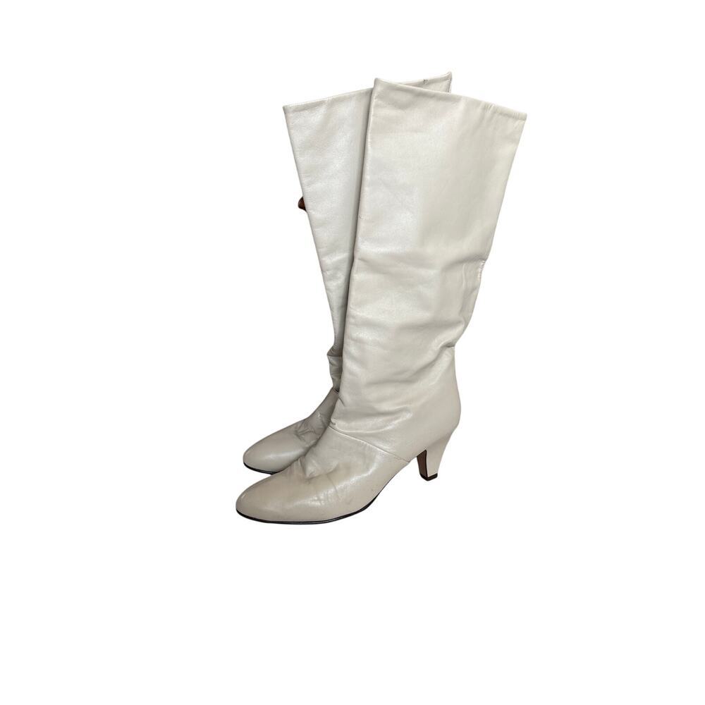 Women's Cream Knee-High Heeled Boots — Elegant Leather-Look Design